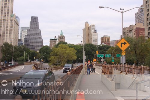 The Manhattan side of the Brooklyn Bridge